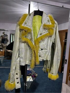 Saga Furs Metallic lime/yellow Jacket with Yellow /black fur Trim Real Leather